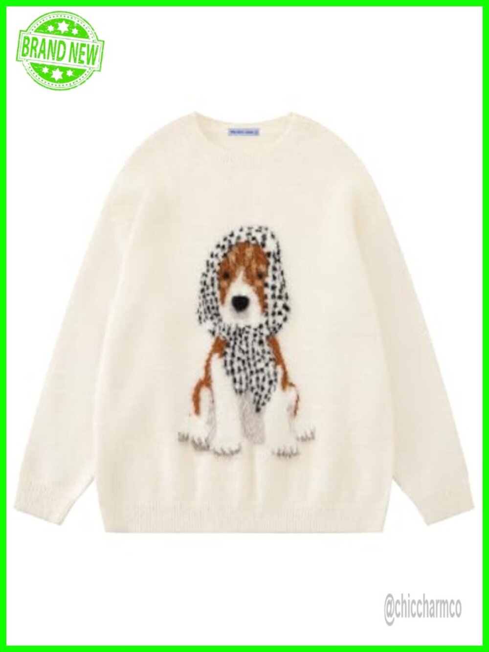 Oversized Crewneck Knit Pullover Sweater Cute Dog Graphic Streetwear Y2K